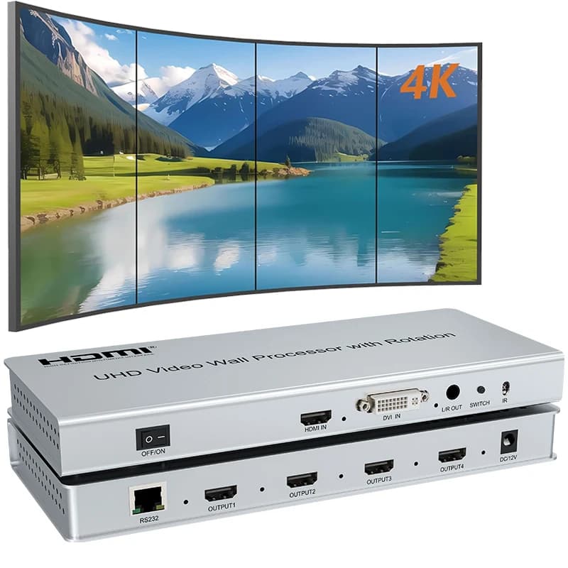 4K UHD HDMI Video Wall Controller 2x2 1x3 1x4 TV Wall Processor Support 90-180-270° Rotation Vertical Screen Splicing Display