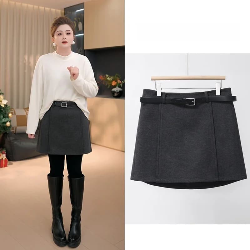 High waisted wool skirt with heavy winter sizes, slender visual pattern for women shape, elegant pendulum skirt with belt