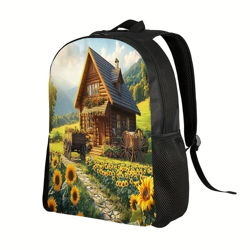 Charming Cottage and Sunflower Backpack - Large capacity laptop bag with 15.6 inch compartment and padded shoulder straps