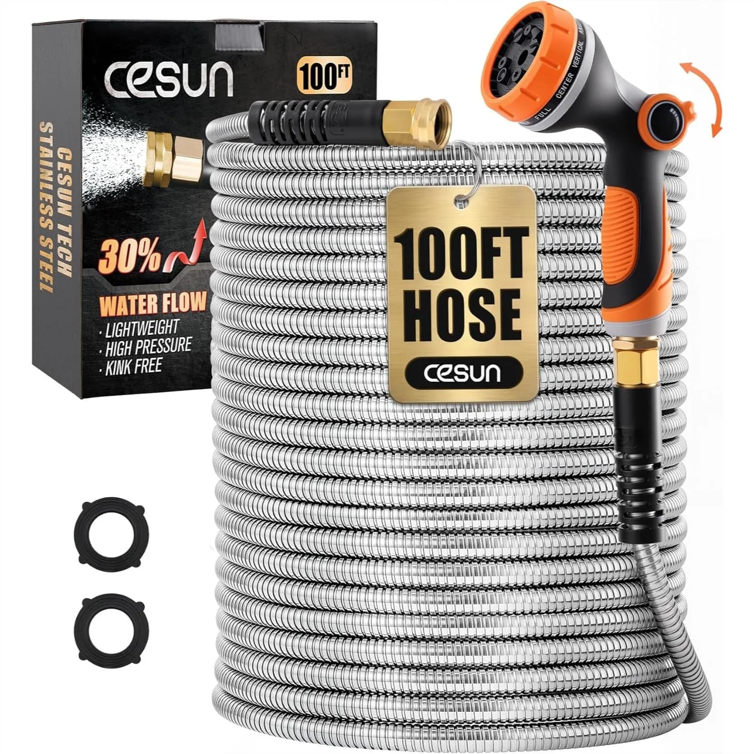 Tubo da Giardino in Acciaio Inossidabile da 30 Metri con Ugello a 10 Funzioni, Resistente, Anti-Piega, Leggero, Antiruggine per Giardino, Camper, Bagno per Animali Domestici
