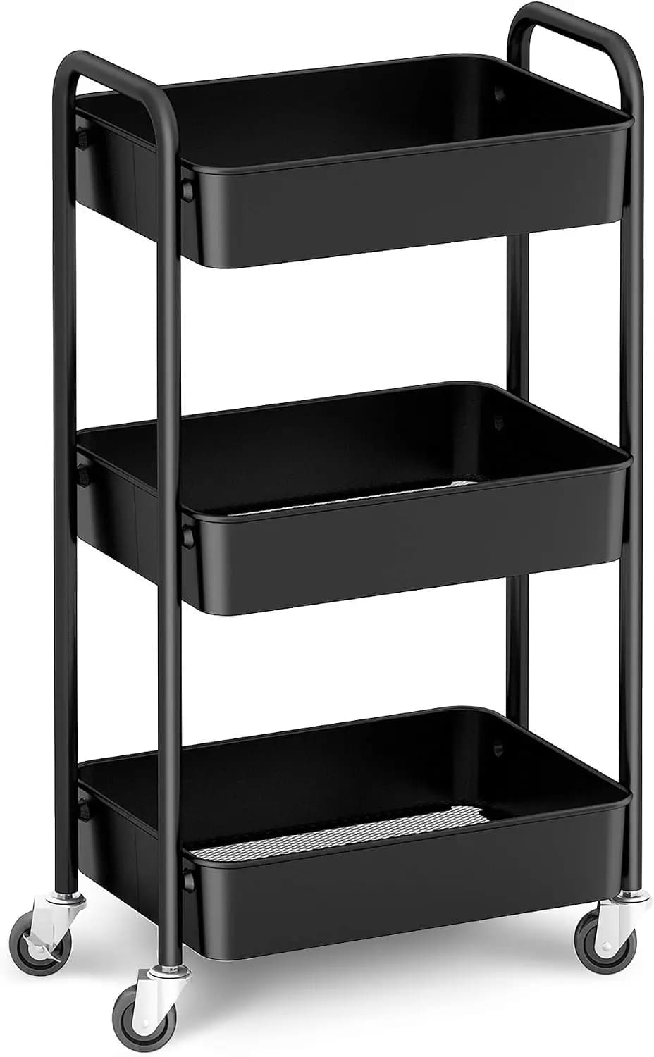 3-Layer Rolling Metal Storage Box - Mobile Utility Cart, Kitchen Cart with Casters (Black)