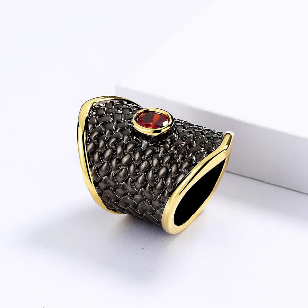 Exaggerated Black Gold Red Zircon Ring 925 Stamp Irregular Geometric Shape Ring Women's Red Zircon Jewelry Party Gift