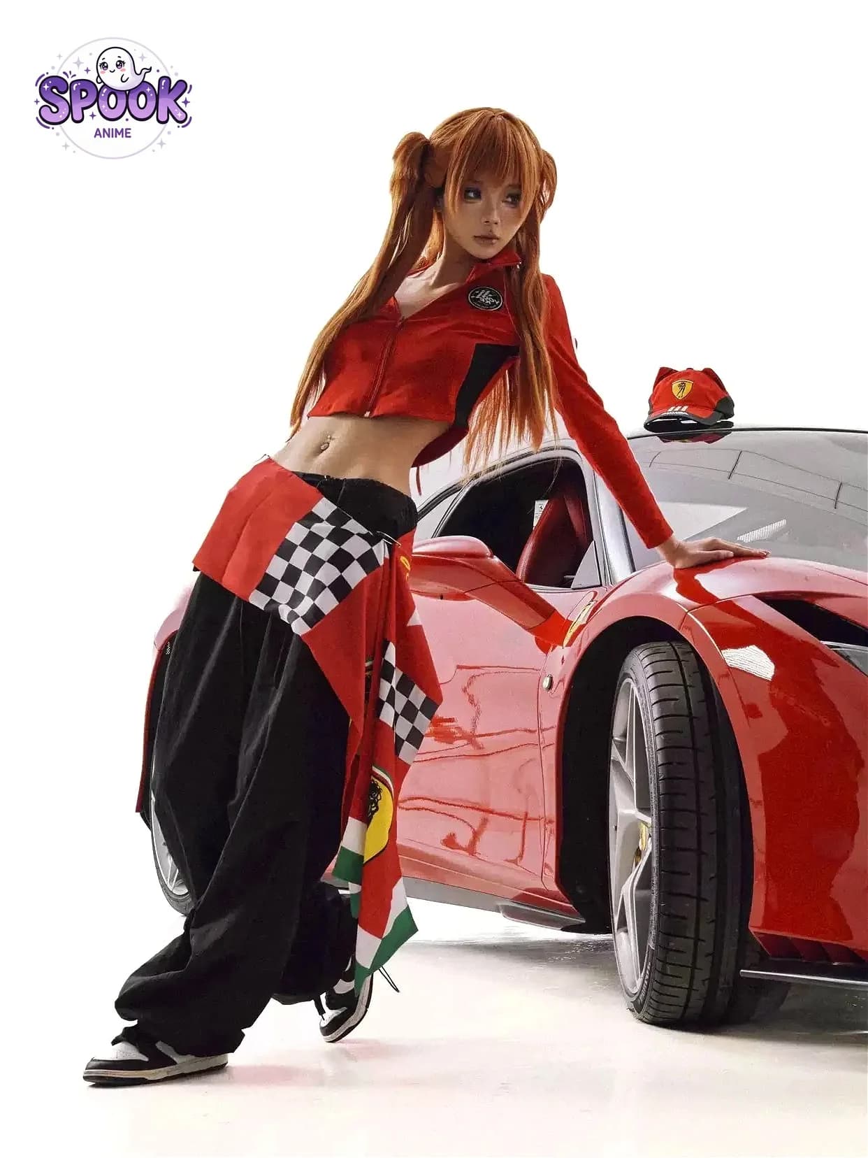 Red Short Jacket Racing Anime Asuka Cosplay Zipper Waist EVA Belt Hip Scarf Fer-rari Swimsuit Sports Cap Outfit Women Halloween