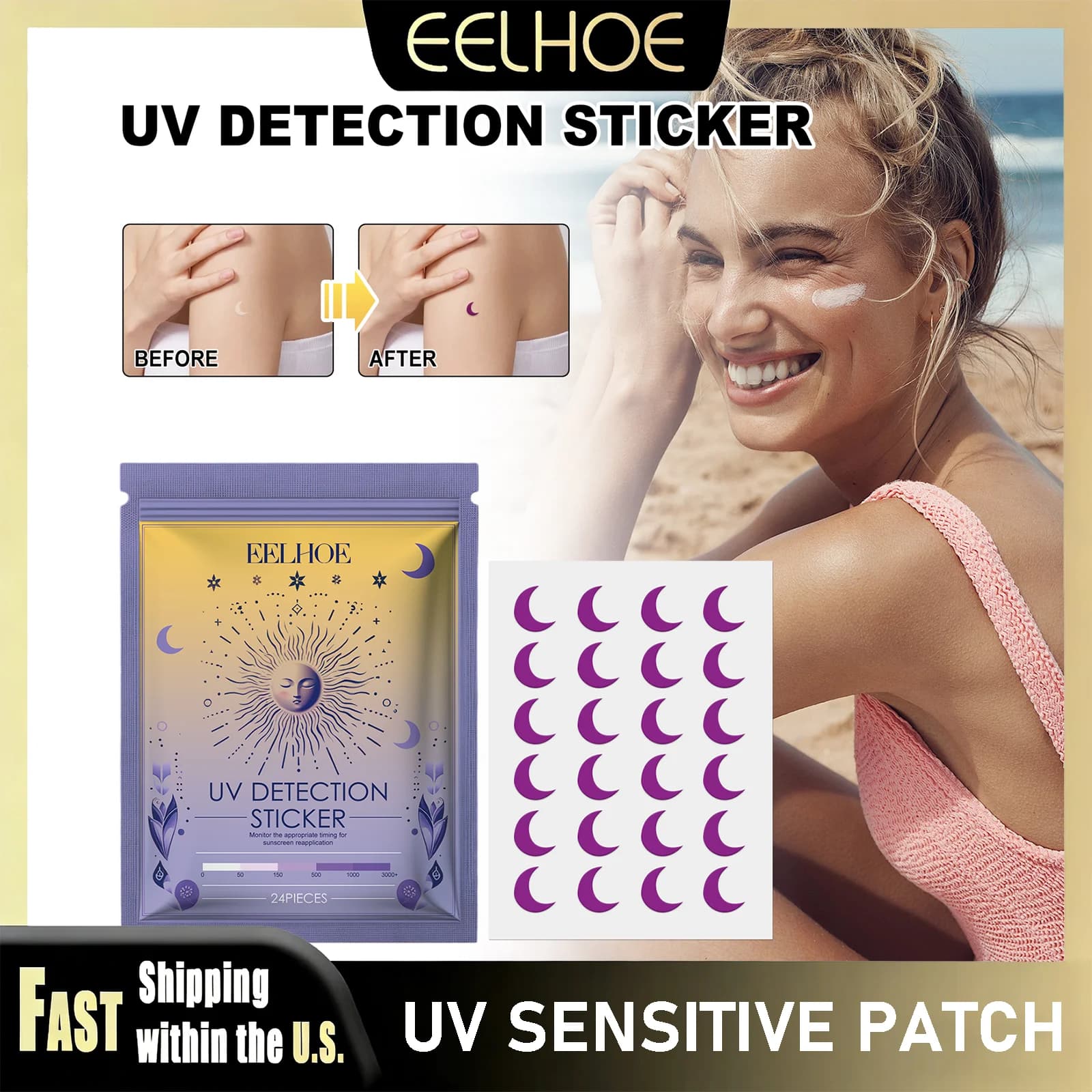 EELHOE UV detector adhesives, solar protection reminder cards, UV-sensitive patches for monitoring body summer burns, protective patches.