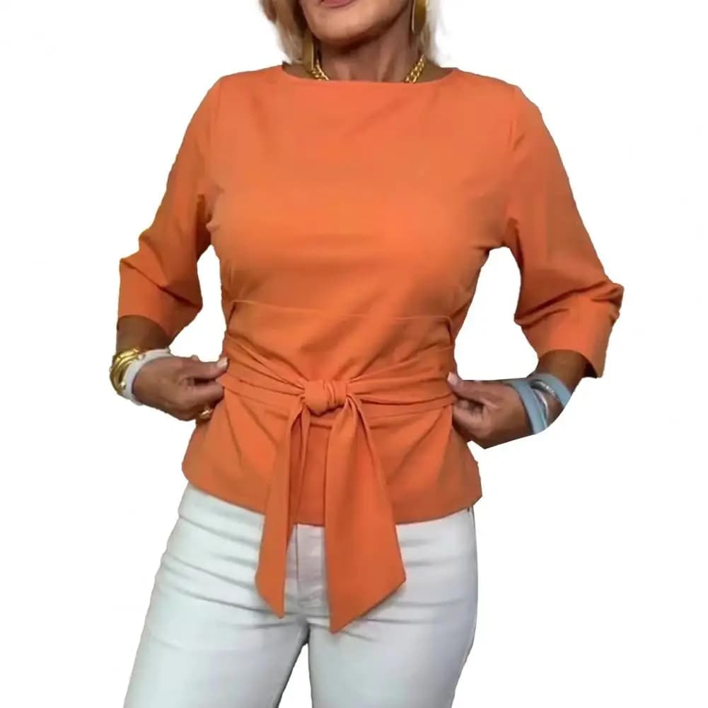 Summer Women Blouse Top Butterfly Tie Waist Three-Quarter Sleeve Round Neck Front Lace-Up Knot Autumn Blouse Shirt