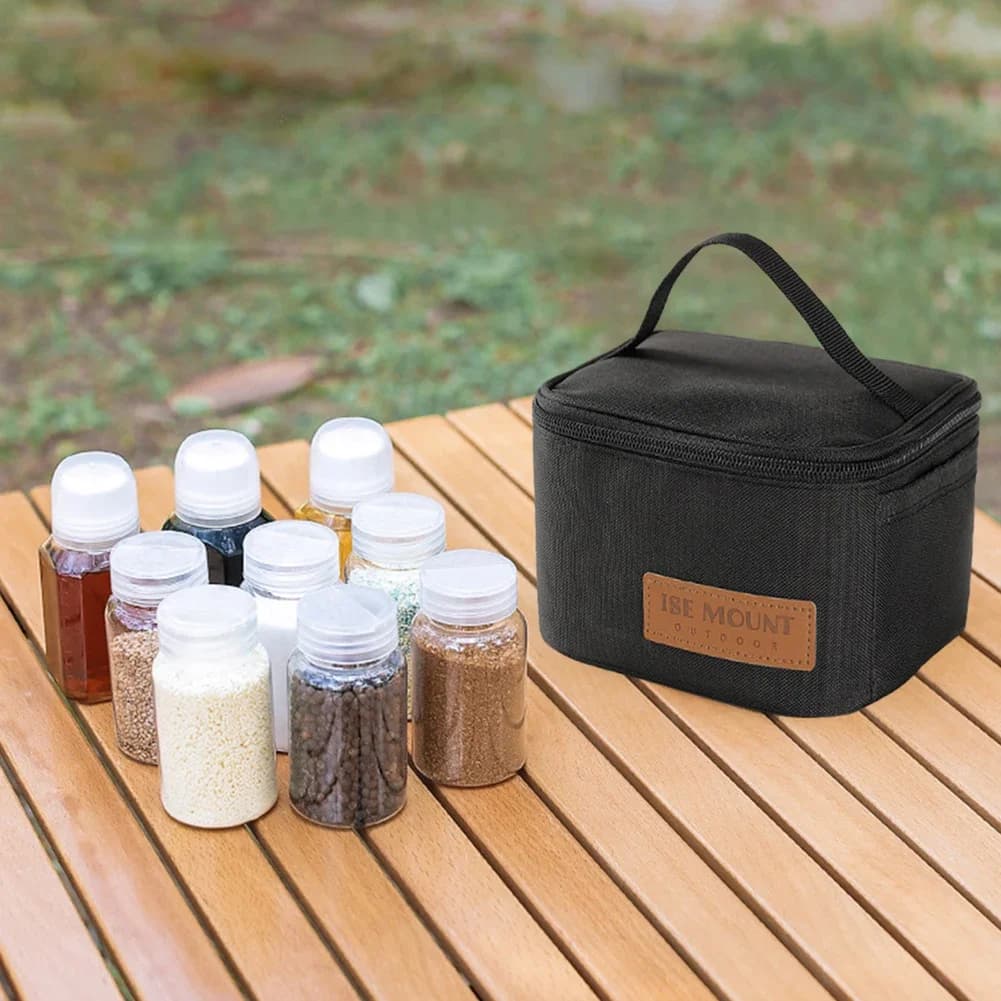 Borsa per la conservazione delle spezie da campeggio portatile Borsa per contenitori per condimenti in rete/tasca laterale incorporata per la cucina di casa, campeggio, barbecue, viaggi