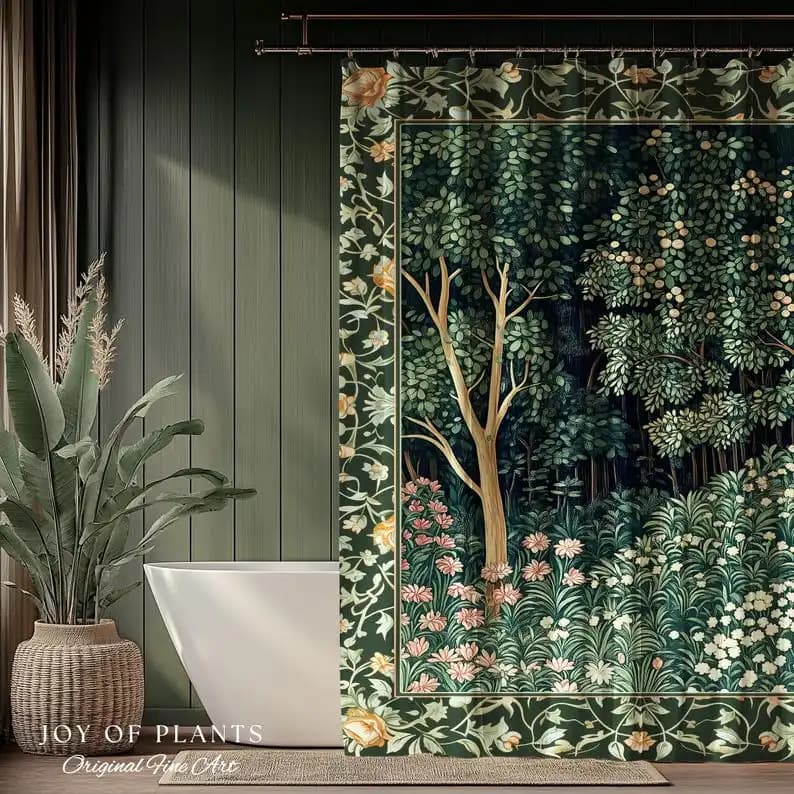 Tenda da doccia botanica della foresta medievale - Estetica vintage verde smeraldo, stile libro di fiabe mistico del bosco