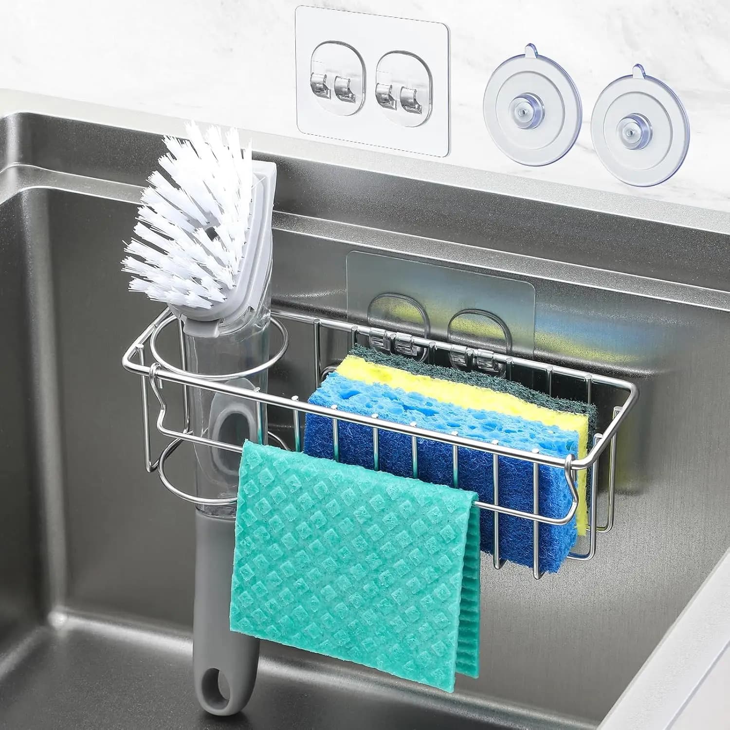 Porta Spugna 3-in-1 per Lavello da Cucina con Ventose e Gancio Adesivo, Porta Spugna da Incasso, da Parete