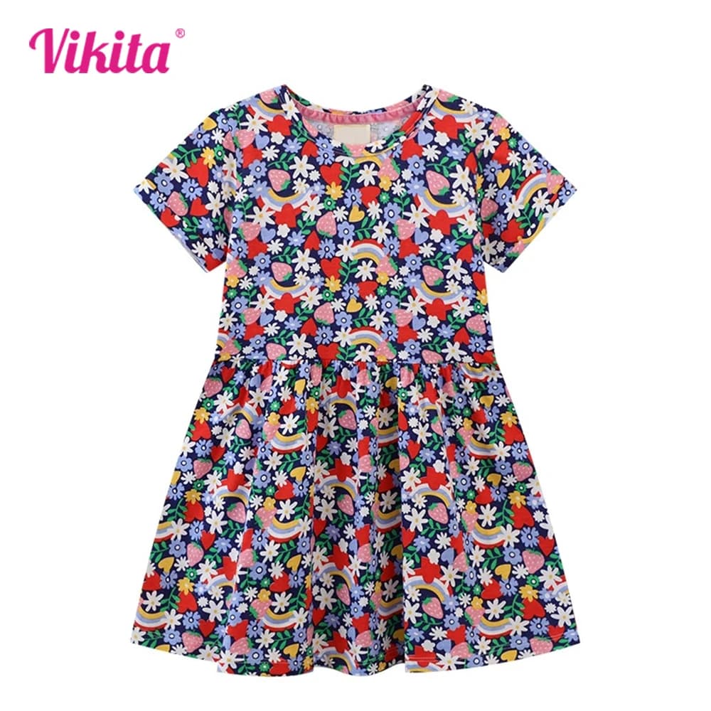 VIKITA Abito estivo per ragazze Floreale Fragola Arcobaleno Cuore Cartone animato Manica corta Girocollo Abiti scolastici casual in cotone dritto