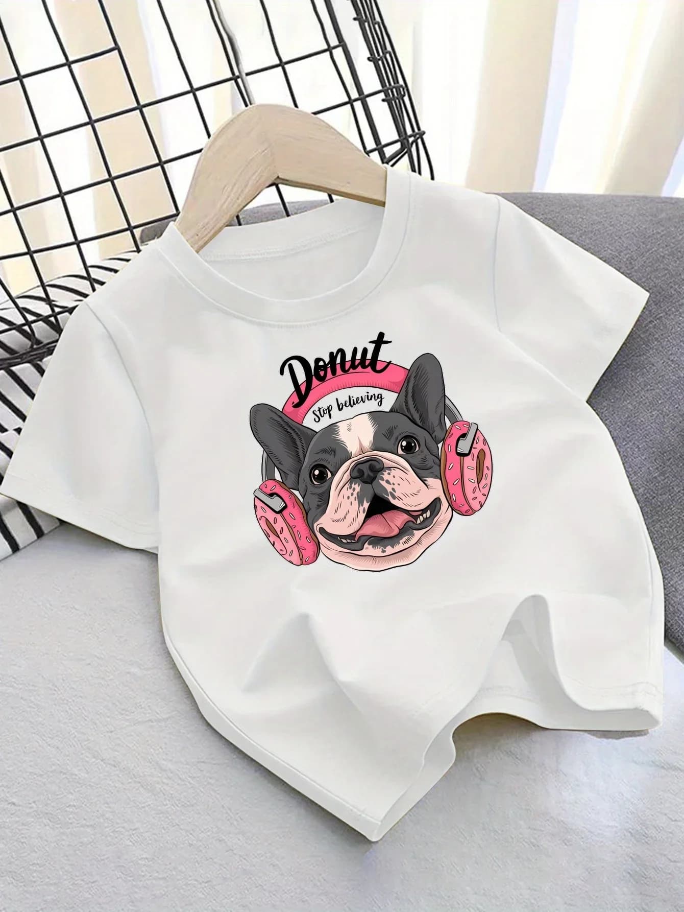 Cool Boston Terrier Wearing Sprinkled Donut Headphones Letter Pattern Printed Short Sleeve T Shirt Trendy Casual Outfit For Boys
