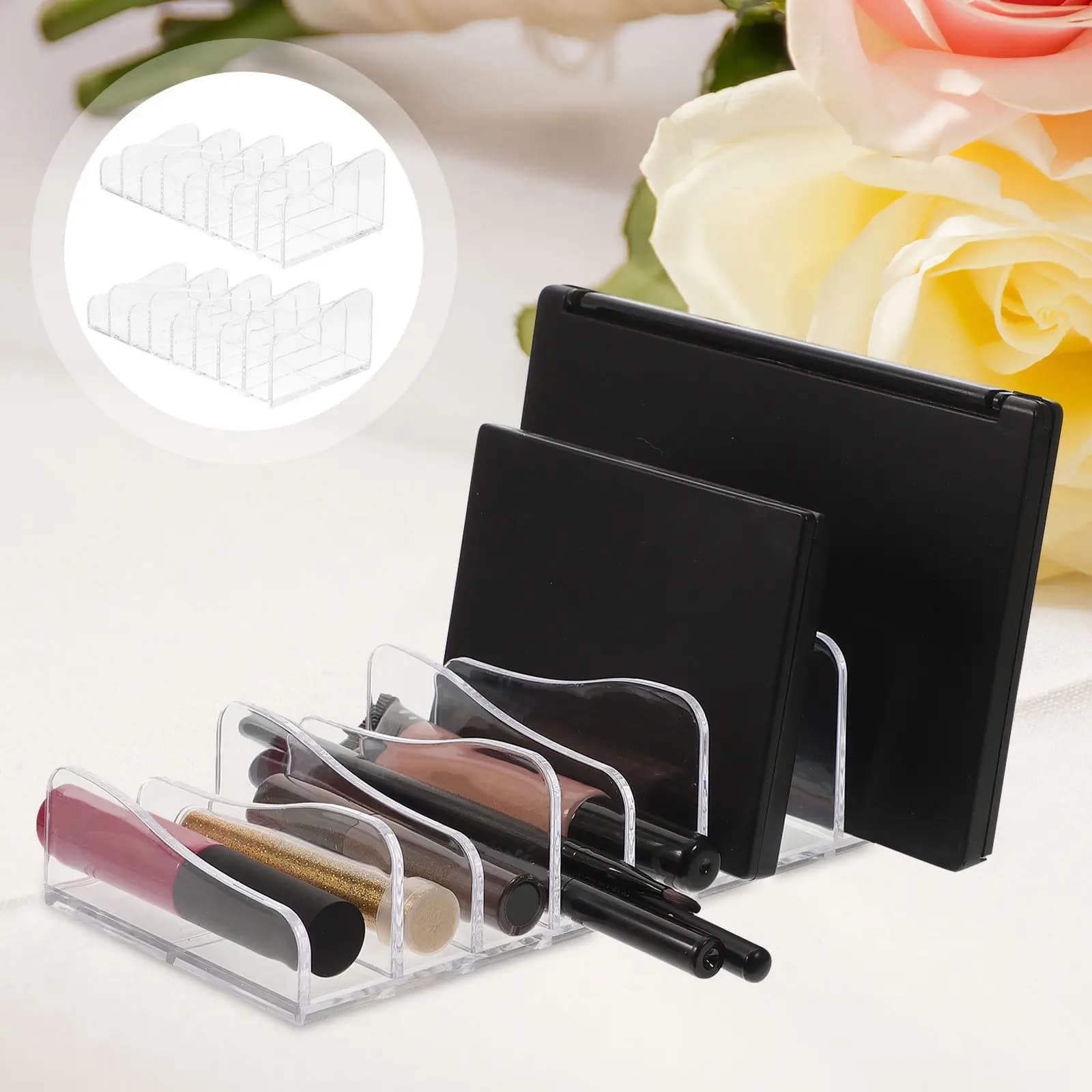 Set di 2 Organizzatori per Trucchi con Scomparti, Porta Palette Trasparente per Ombretti, Rossetti e Pennelli, Resistente ai Graffi, Espositore da Bancone