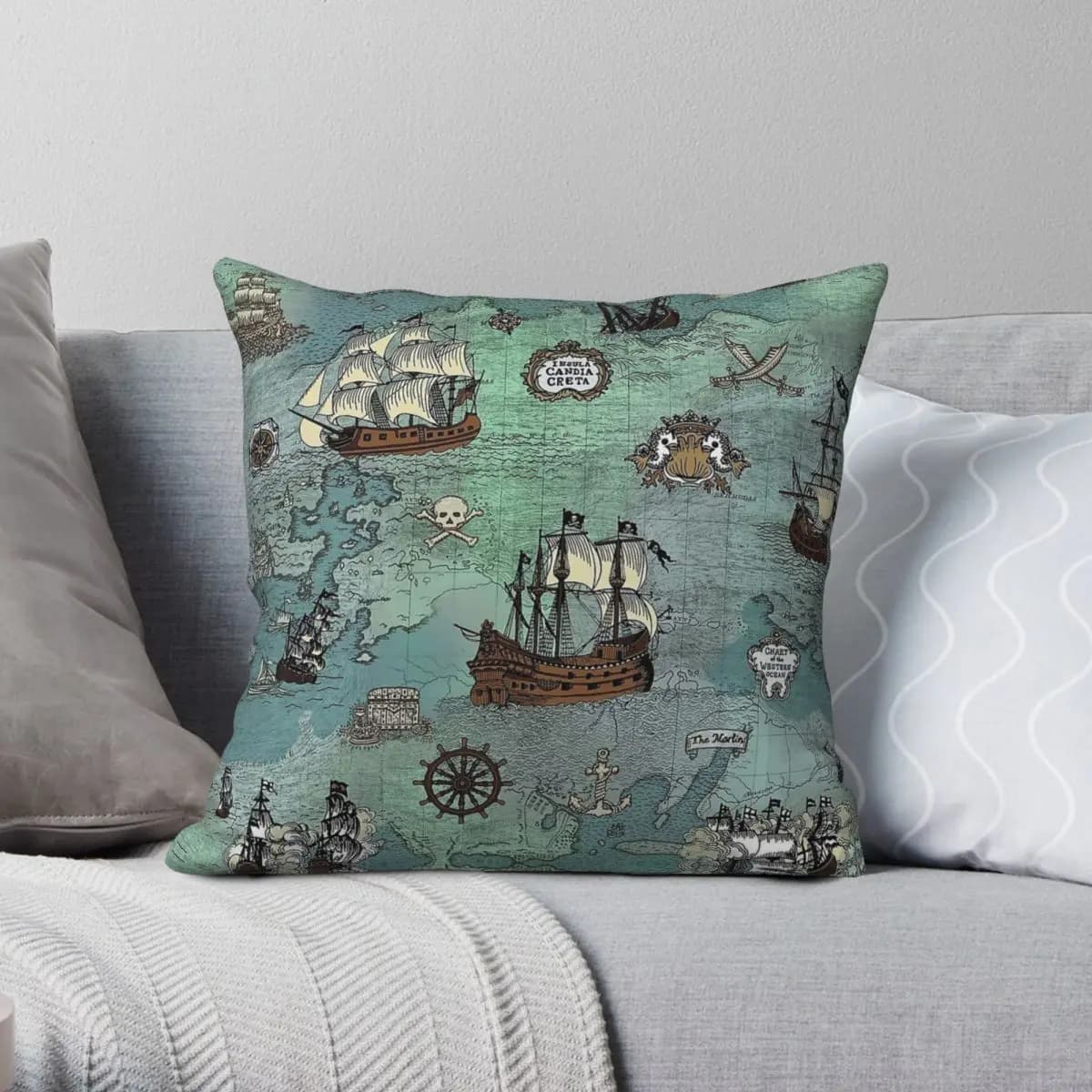 Mappa dei pirati Mare nautico Oceano Federa blu Poliestere Lino Velluto Creativo Zip Federa decorativa per cuscino Copridivano per divano