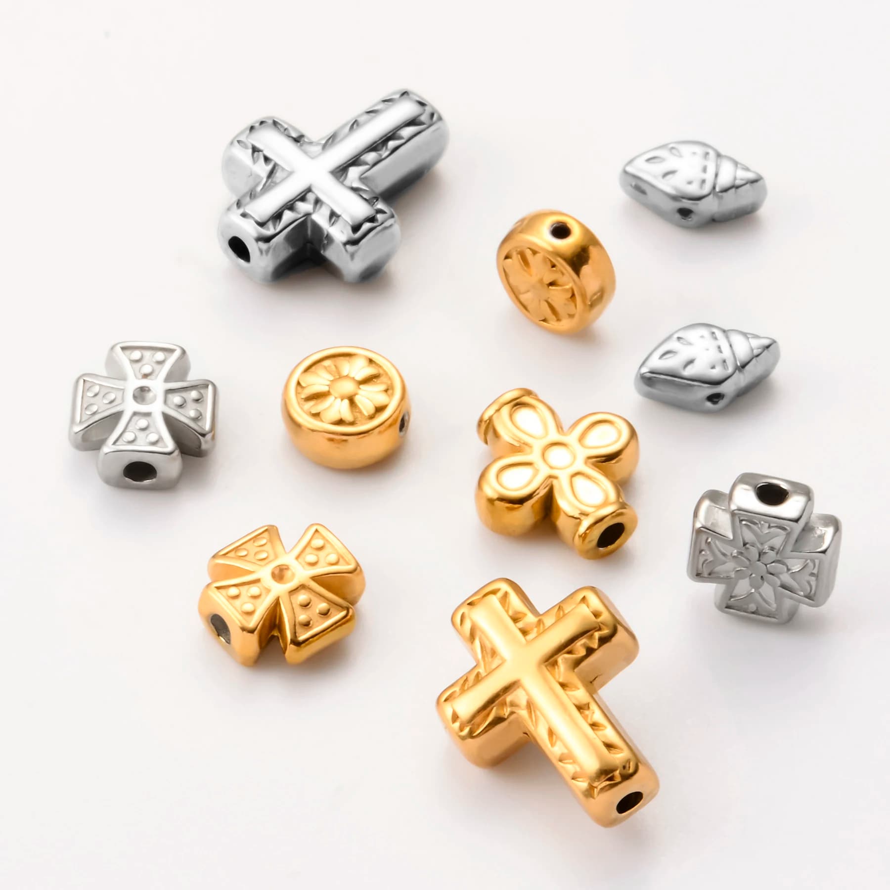 5pcs Classic Cross&Flower&Round Charms Stainless Steel Loose Spacer Beads For Jewelry Making DIY Bracelet Necklace Accessories