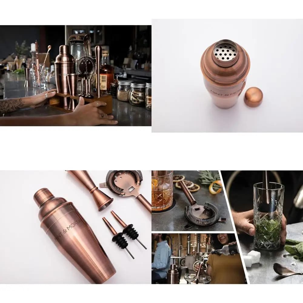 Set da 7 Pezzi per Cocktail con Supporto, Shaker Martini in Acciaio Inox da 24oz, Accessori per Bar Domestico, Finitura Rame Spazzolato