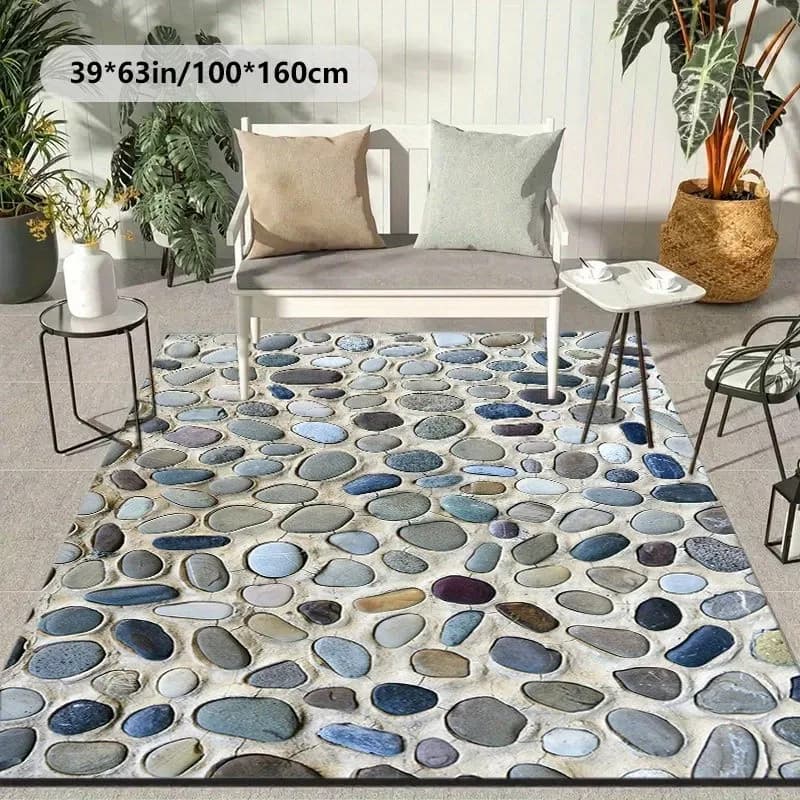2D Flat Gray Blue Pebbles Stones Texture Large Flannel Area Rug Non Slip Zen Garden Carpet For Living Room Patio Floor