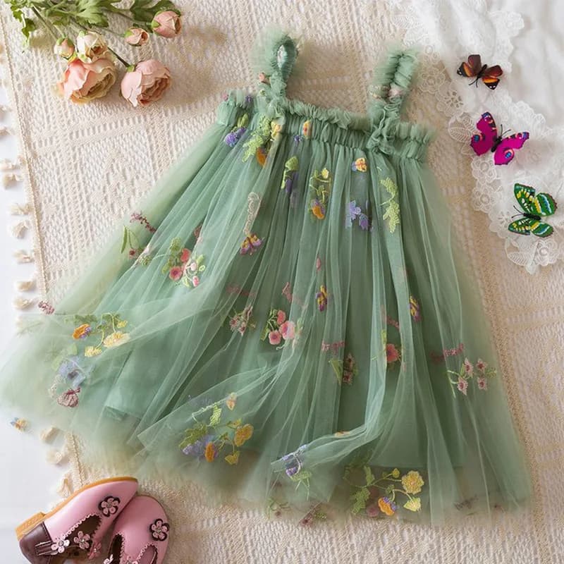 Summer New Sweet Girls' Little Sling Dress fiocco per bambini ricamo floreale Mesh Tutu Princess Dress Baby Girl Dress