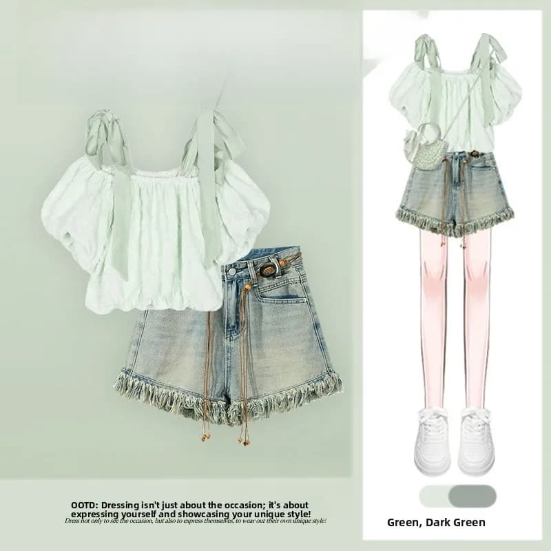 Versatile Anti-Aging Belted Top And orts Set Summer 2026 New Sle Multi-Dopne College Sle Denim orts Two-Piece Set