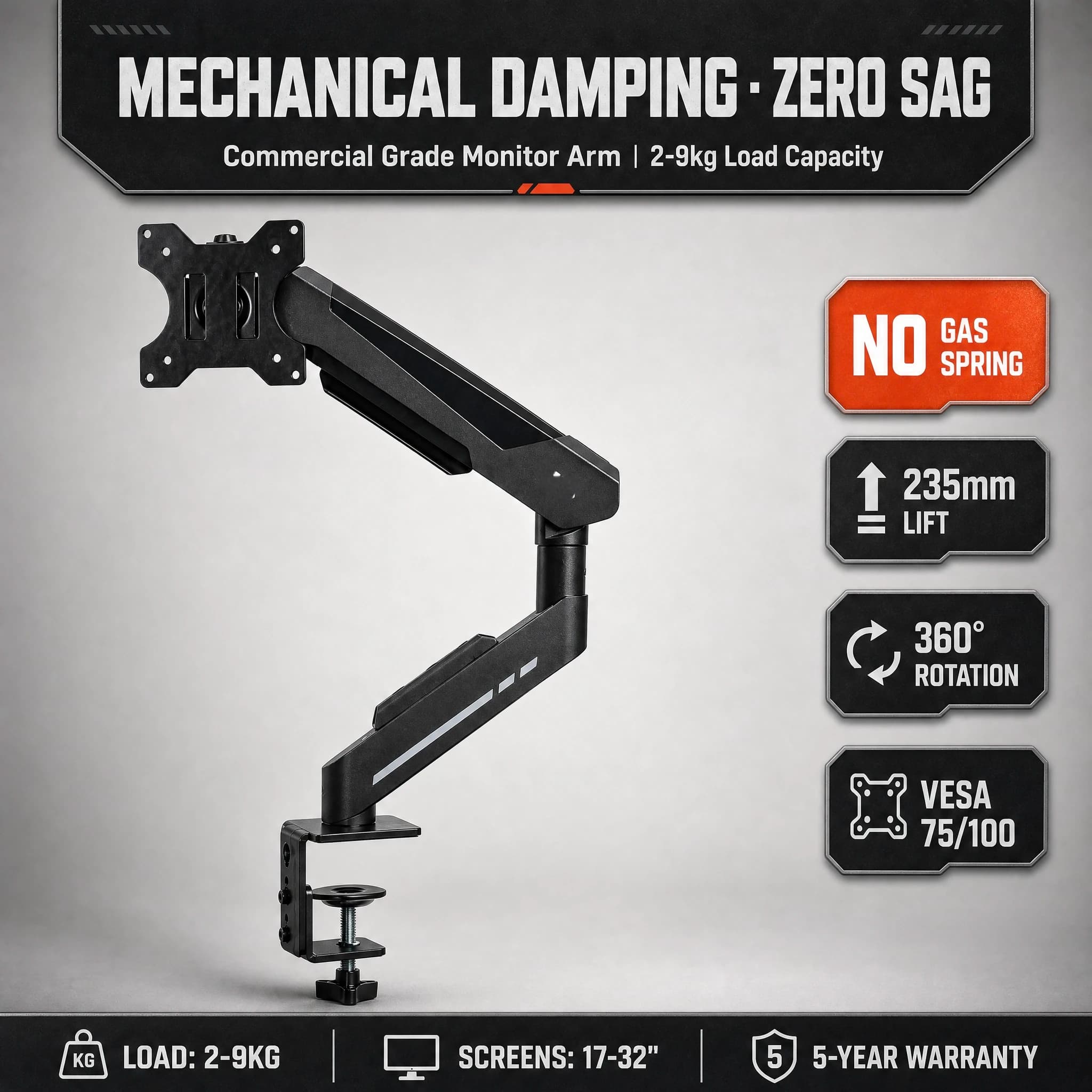 Mechanical Monitor Arm Stand 516mm Long Reach 235mm Lift 360° Swivel ±89° Tilt VESA 75/100 for 17-32 Inch Screen 2-9KG