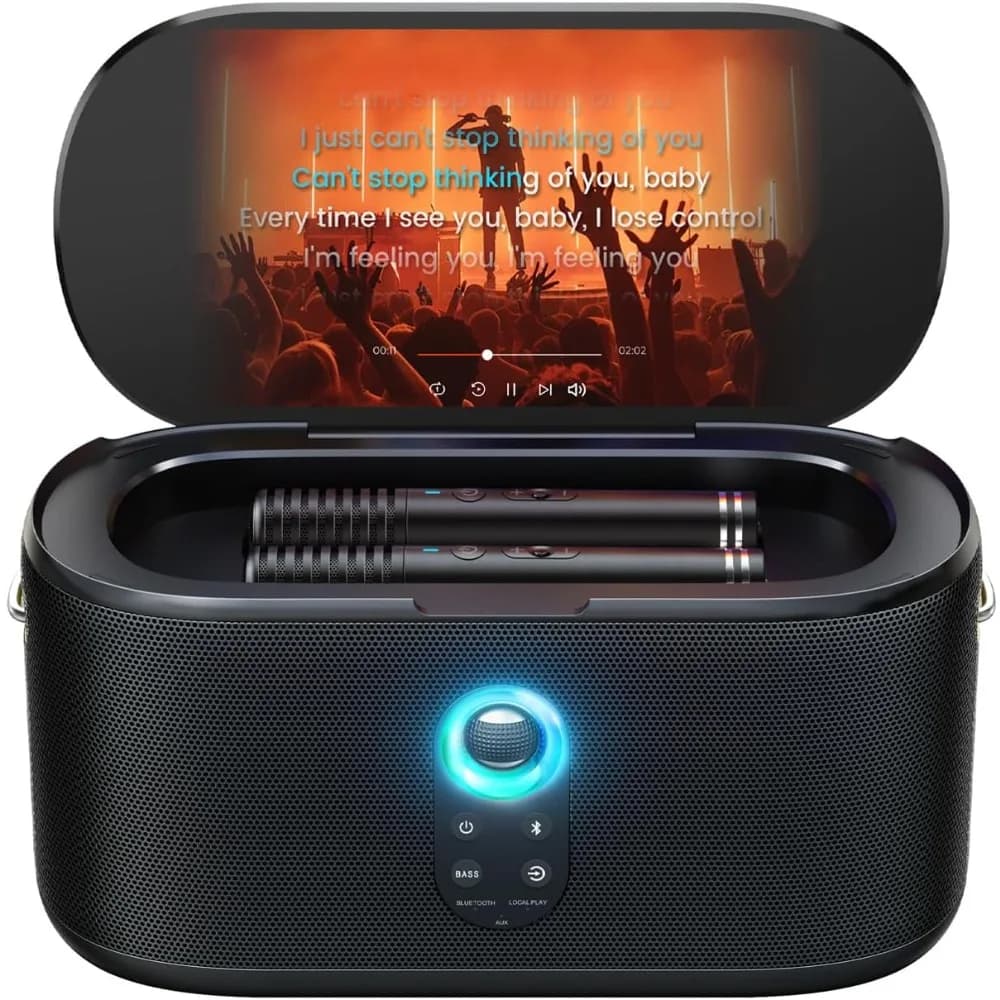 Spedizione USA: Macchina per Karaoke con Schermo da 10.1 Pollici per Adulti, 2 Microfoni Wireless, 280W, KaraFun Prime, HDMI TV, Portatile per Casa