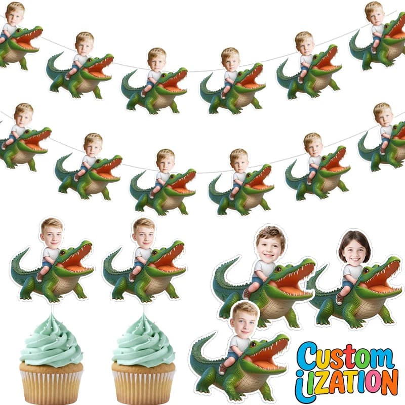 Custom Kids Portrait Crocodile Riding Decor Set Personalized Avatar Banner & Cupcake Toppers & Sticker Combo for Birthday Party