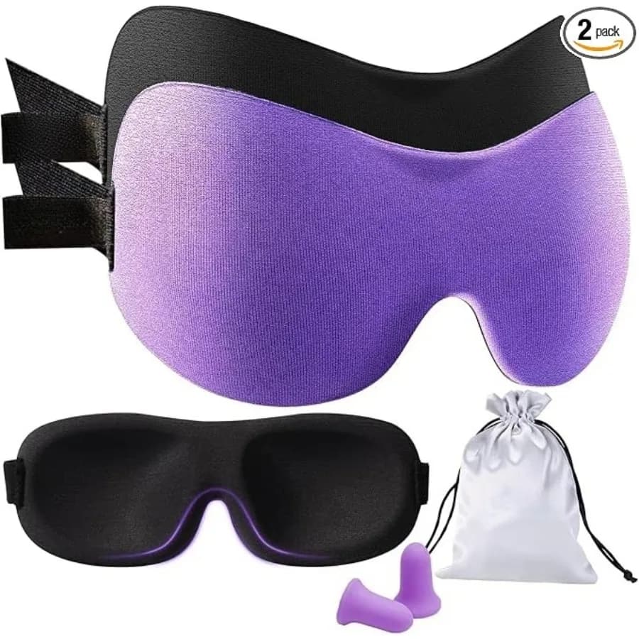3D Sleep Mask 2 Pack, Eye Mask for Side Sleeper - 3D Contoured Sleeping Mask Block Out Light for Men Women- No Eye Pressuer Night Masks with Ear Plugs & Travel Bag (Black＆Purple)