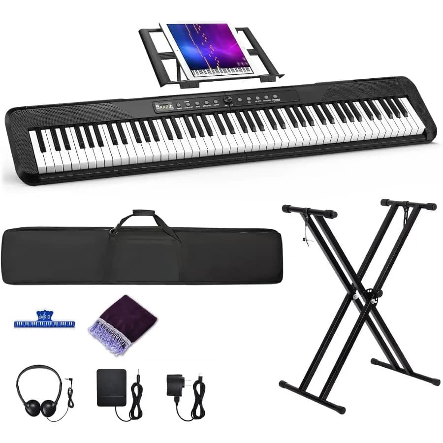Pianoforte Digitale Elettronico a 88 Tasti con Supporto Musicale, Alimentatore, Pedale Sustain, Supporto, Bluetooth, Custodia per il Trasporto, Cuffie, USB-MIDI