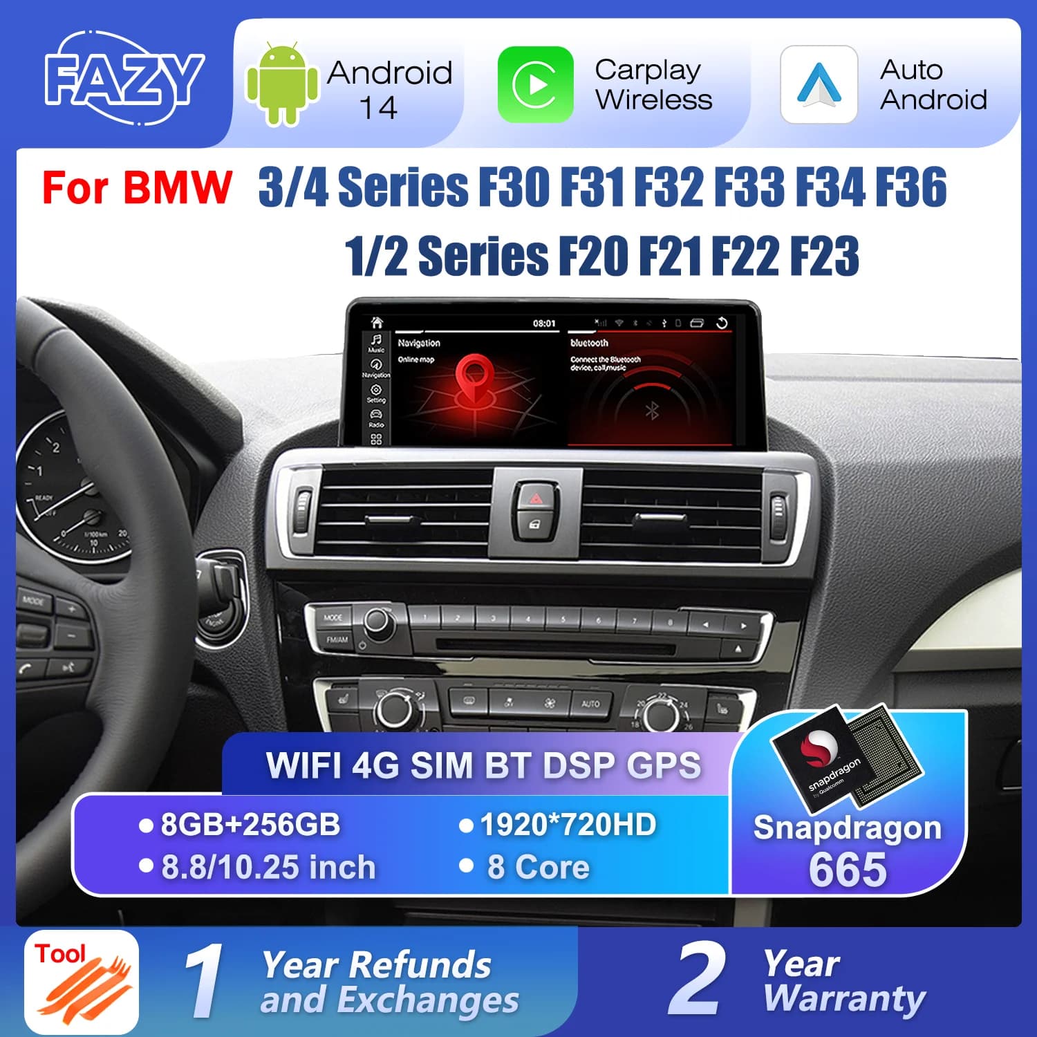 Autoradio Android 14 con Carplay Wireless e Schermo Touch per BMW Serie 1 2 3 4 F20 F21 F22 F30 F31 F32 F33 F34, Lettore Multimediale GPS