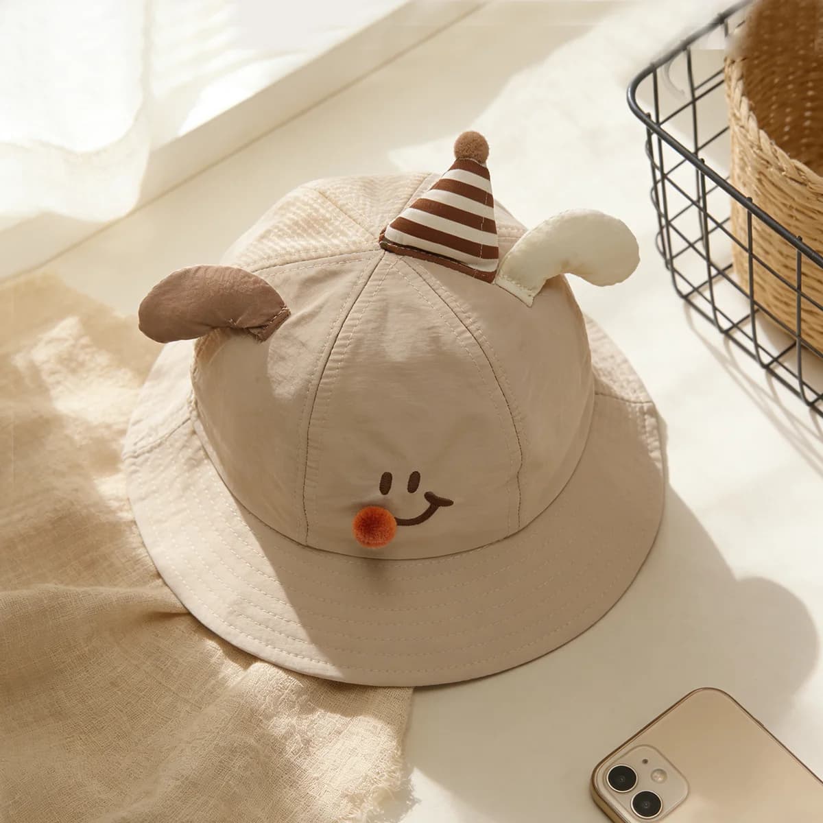 Cute birthday-themed embroidered face mask for red pompom cake hat decoration with a semi-net fishing hat. Suitable for parties.
