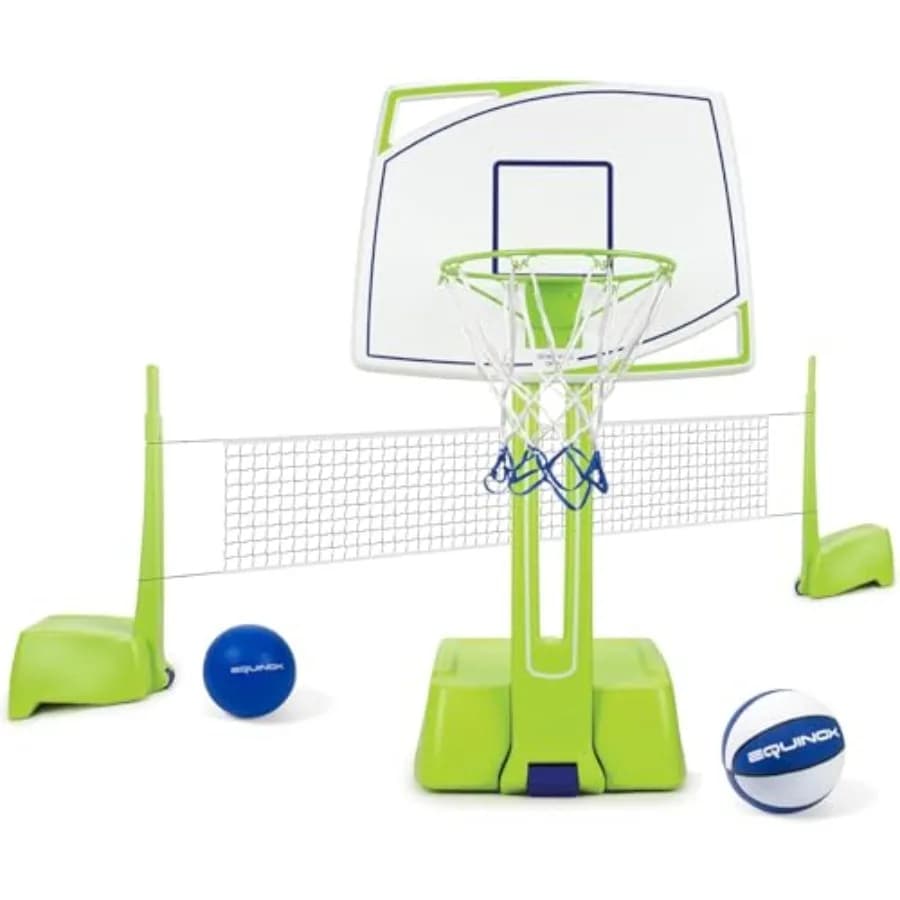 Canestro da basket per piscina all'aperto con palla, materiale in PVC resistente, colore blu e bianco, nessun attrezzo richiesto per un montaggio rapido