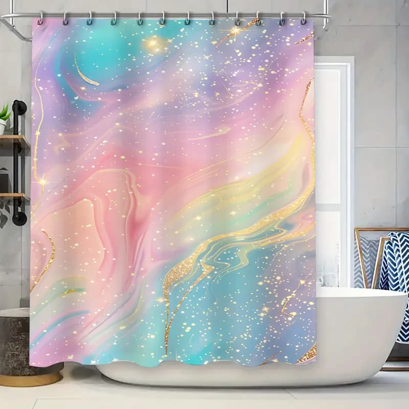 Set di tende da doccia con motivo unico, tessuto impermeabile per decorazioni per il bagno, grigio, blu, rosa, nero, cerchio quadrato, foglie, design a cascata 18