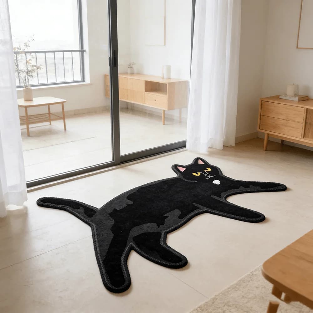 VIKAMA Cartoon Black Cat Floor Mat, Soft And Non-Slip Bedroom Bedside Rug, Entrance Hall Carpet, Home Decoration