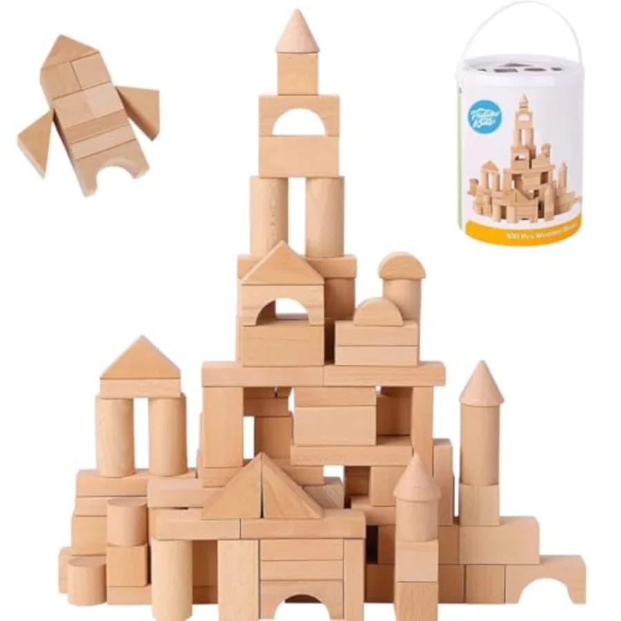 Blocchi di Legno - 100 Pezzi - Blocchi da Costruzione per Bambini - Include Contenitore con Coperchio e Separatore di Forme - Blocchi in Legno di Faggio