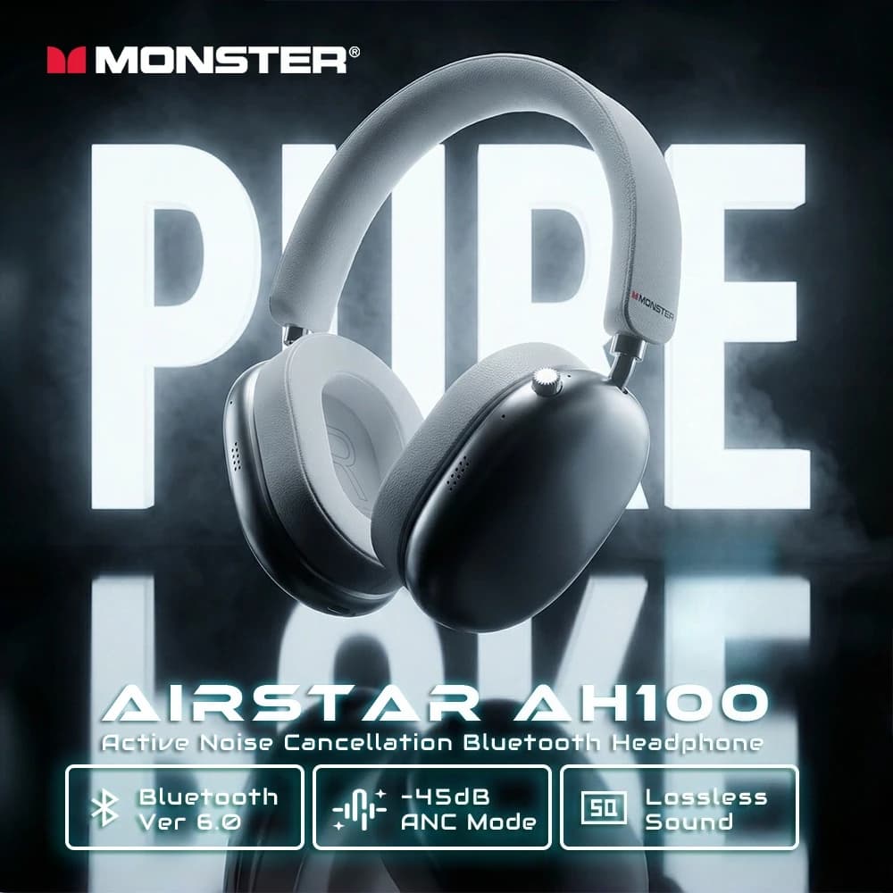 Monster Airstar AH100 ANC Cuffie Bluetooth 6.0 Over-Ear con Cancellazione Attiva del Rumore -45dB Bassi Potenti Cuffie Wireless/Cablato