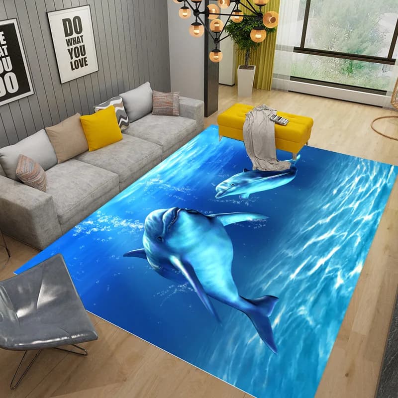 Tappeto 3D con Illusione Ottica del Fondale Marino e Mondo Sottomarino con Delfini e Squali, Tappeto per Soggiorno, Camera da Letto, Divano, Zerbino, Tappetino Antiscivolo