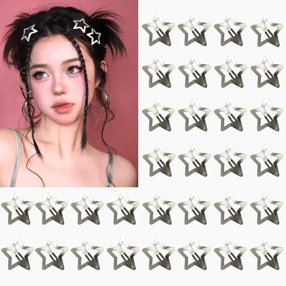 32 Pack Star Hair Clips, Y2K Style, Non-Slip Silver Barrettes for All Ages
