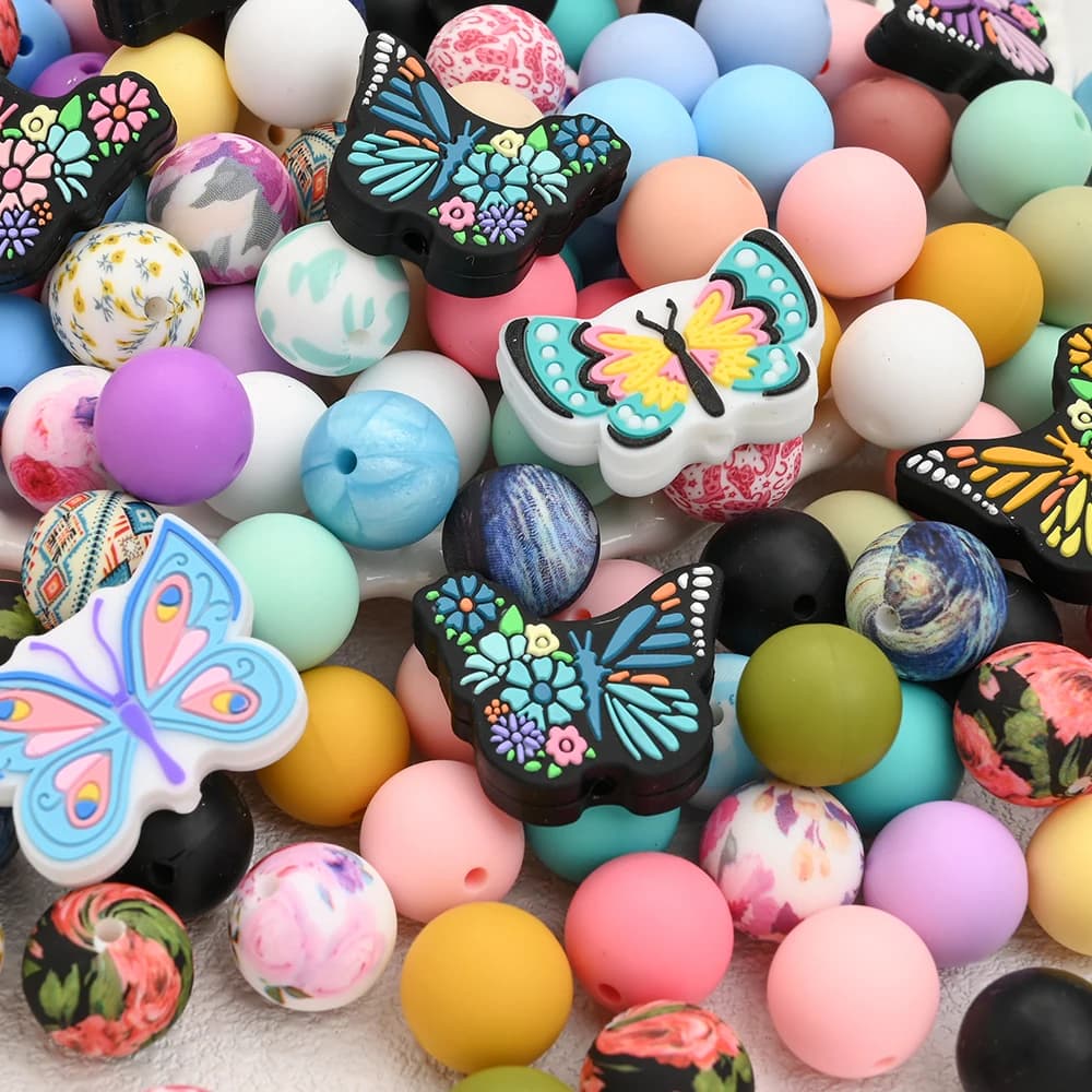 6 pezzi di perline in silicone set di perline per massaggiagengive in silicone con farfalla animale per braccialetto a catena ciuccio accessori per catene masticabili senza Bpa