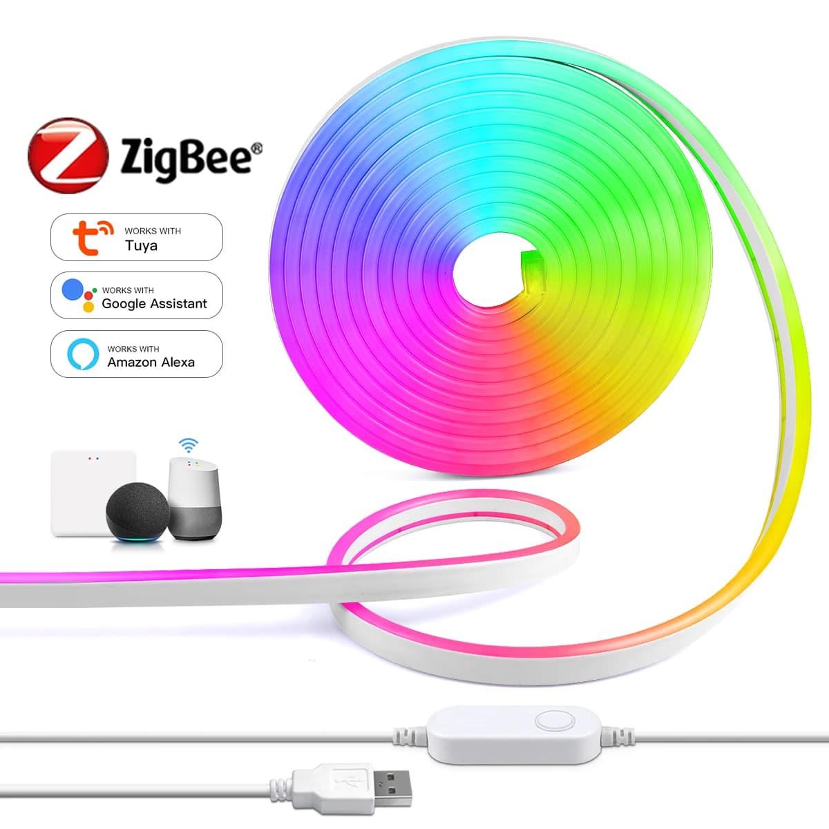 Tuya Smart Zigbee LED Neon Light Strip APP di Controllo 5V 120LED/M RGB USB Flessibile Lampada a nastro LED Decorazioni per la casa per Alexa Google Home