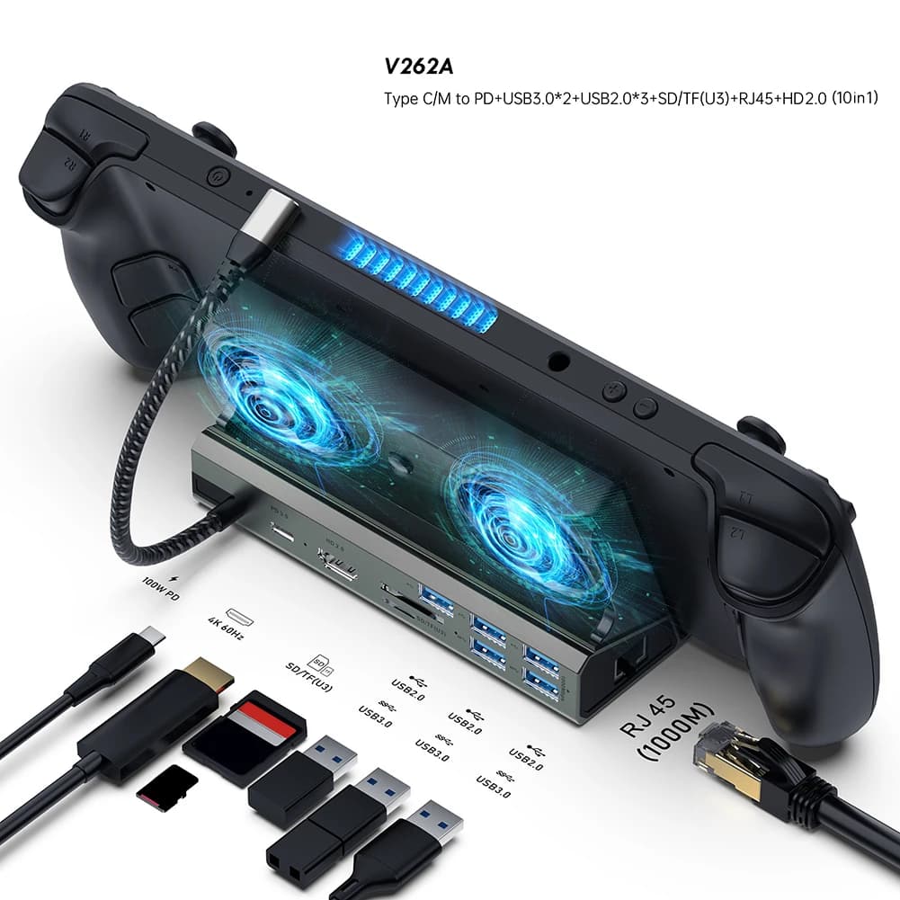 Docking Station with fan for Asus ROG Ally HDMI compatible 4k 60hz Gigabit Ethernet 1000Mbps USB-C PD charging for Steam Deck