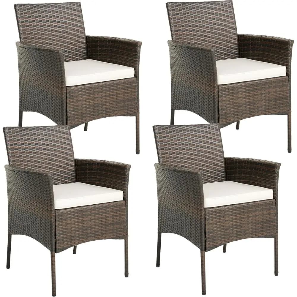 Set di 4 Sedie da Pranzo in Vimini per Esterni con Cuscini Rimovibili, Adatte per Patio, Giardino, Bordo Piscina, Prato, Portico e Cortile
