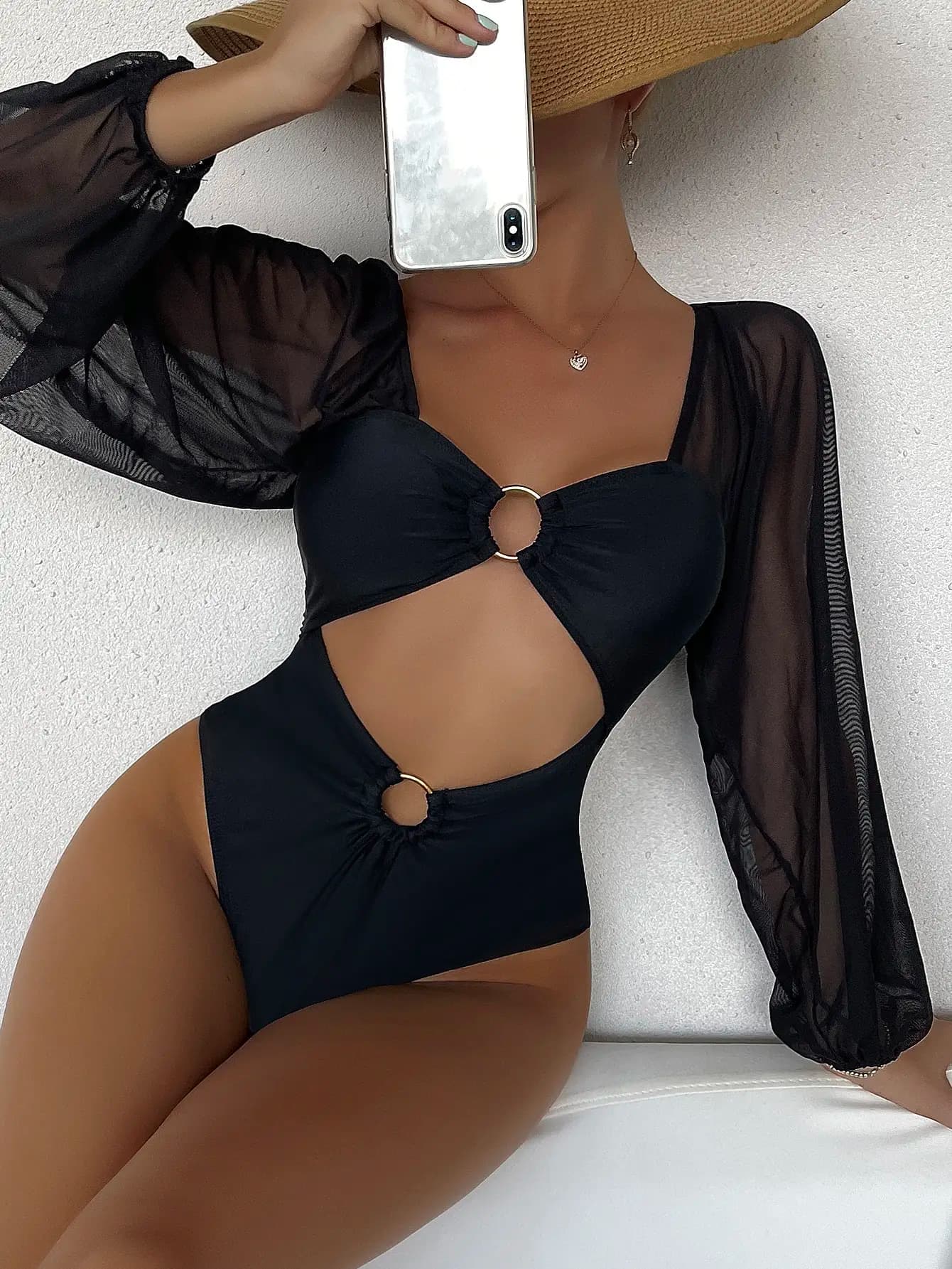 Costume da Bagno Intero Nero 2026, Manica Lunga, Tinta Unita, con Imbottitura, per Donna, Abbigliamento Estivo da Spiaggia