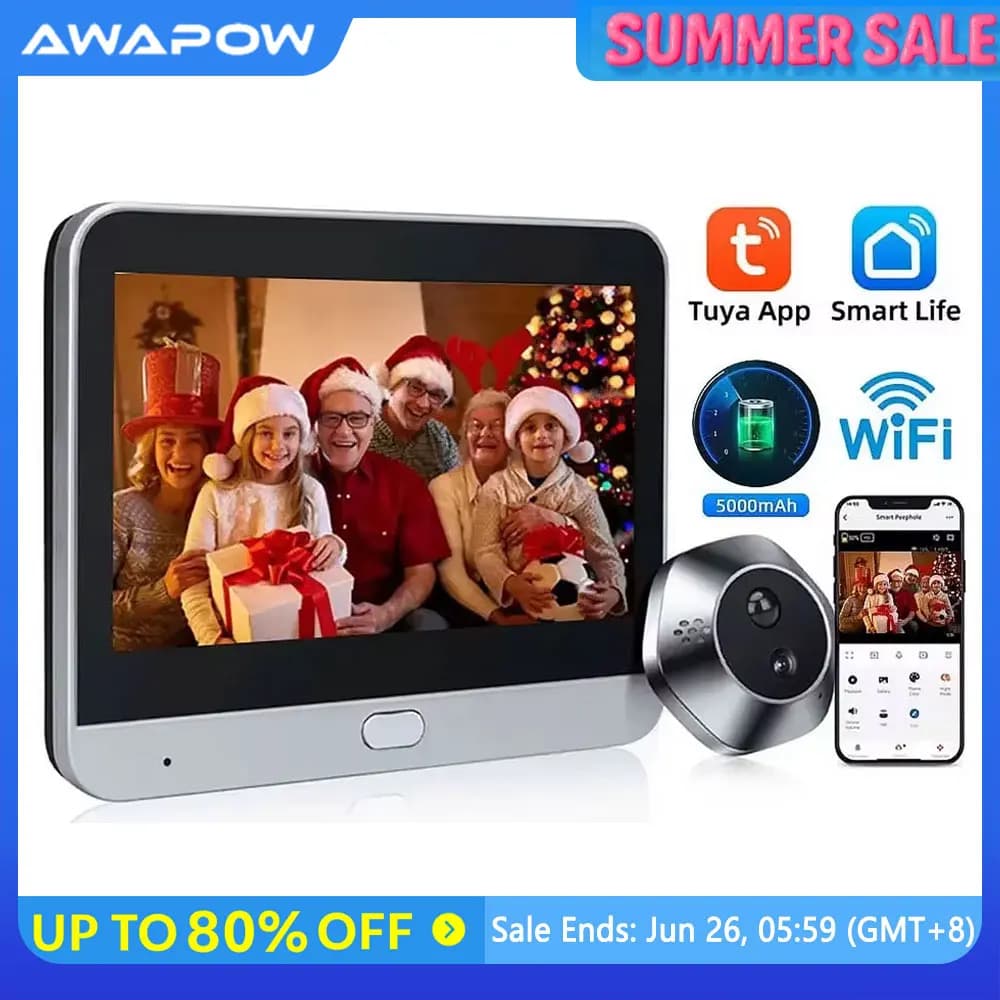 Awapow Videocitofono da 4,3 pollici con campanello Rilevazione del movimento Smart Tuya Spioncino Wifi Spioncino per porta Audio bidirezionale Mini telecamera Visione notturna