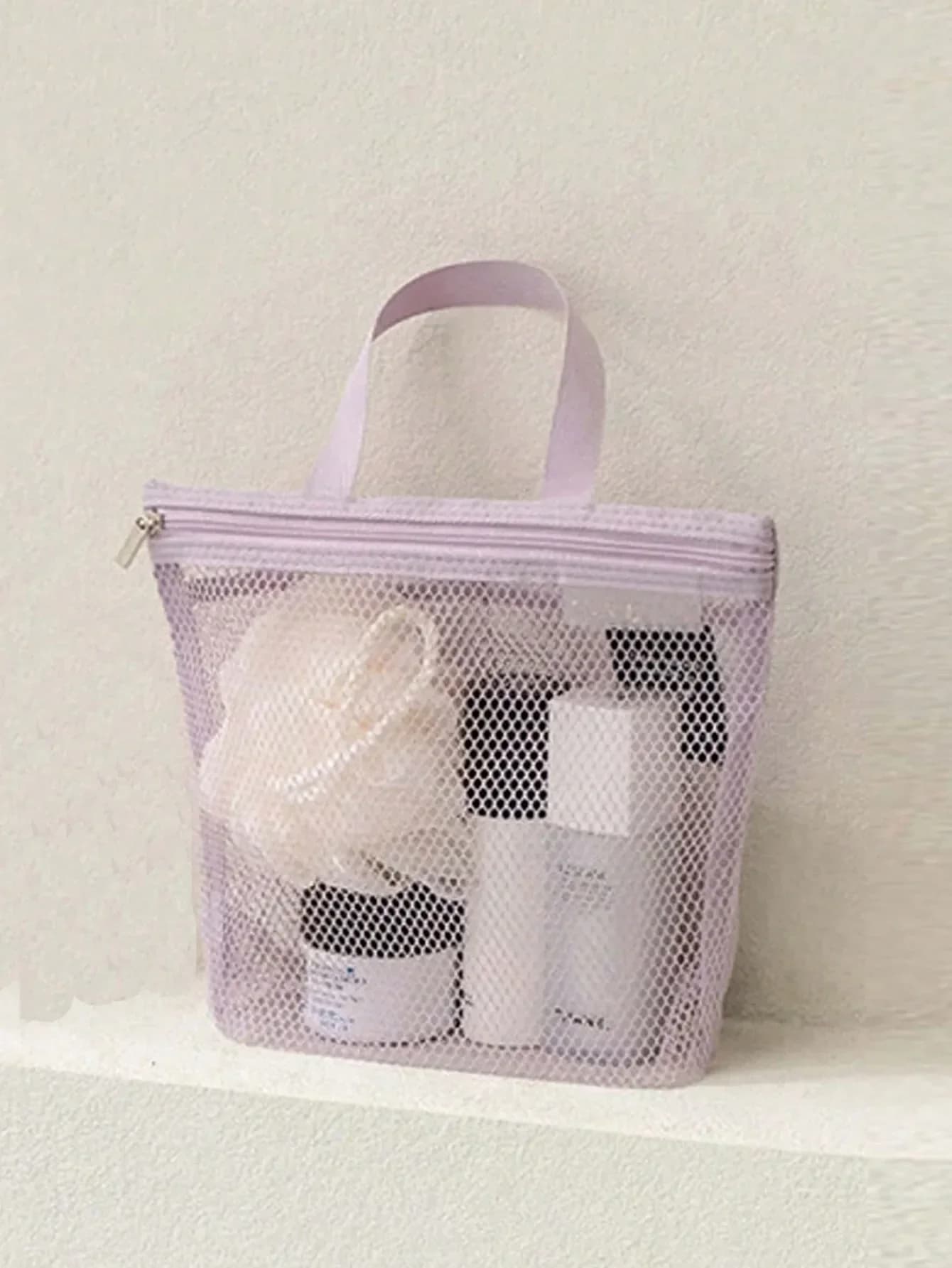 1pc Lightweight Mesh Shower Bag Travel Cosmetic Bag, Large Capacity Portable Toiletry Bag, Hanging Bathroom Storage Bag, Cute Handheld Makeup Brush Holder Bag With Zipper, Can Hold Lipstick