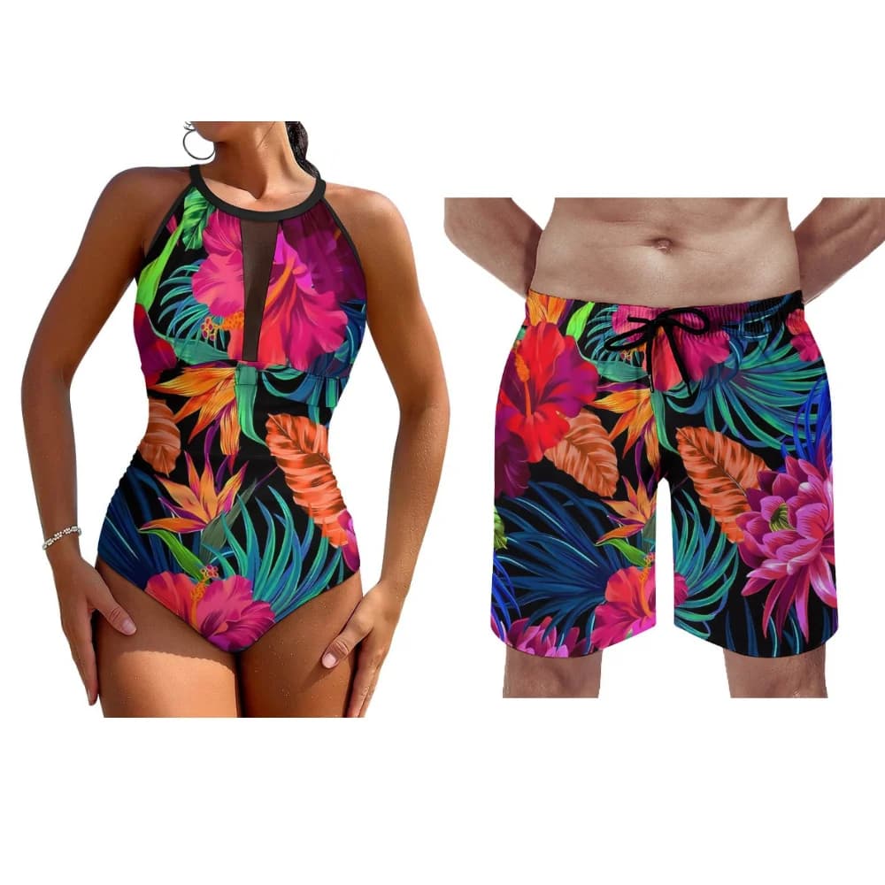 Bikini intero da spiaggia per uomo pantaloncini da Surf costume da bagno personalizzato Hawaii Vacation coppia costume da bagno per donna polinesiana Sexy Halter Top