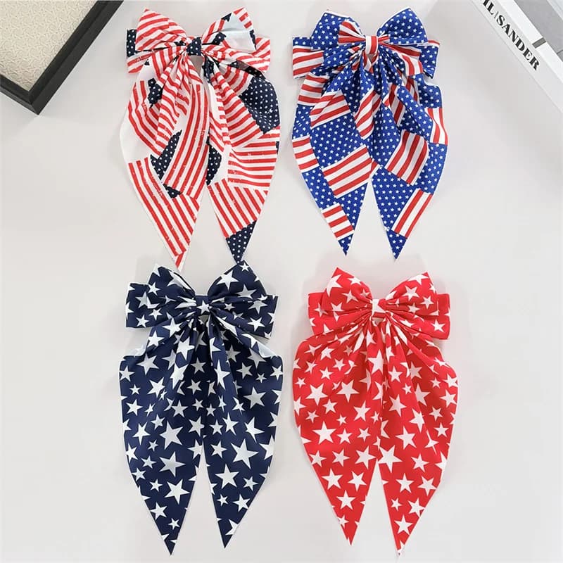 1PC Large Women Hair Barrette Bows USA Independence Day Star And Stripe Flag Print Bows for Girls Hair Clip Accessories
