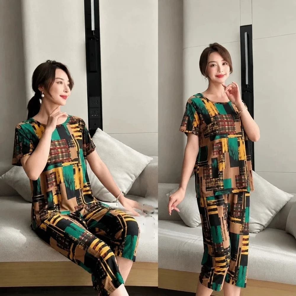 Fashion Plus Size Elderly T-shirt Sets Stripe Short-sleeved Casual Loungewear Set Loose Summer Mother's Pajamas Old People