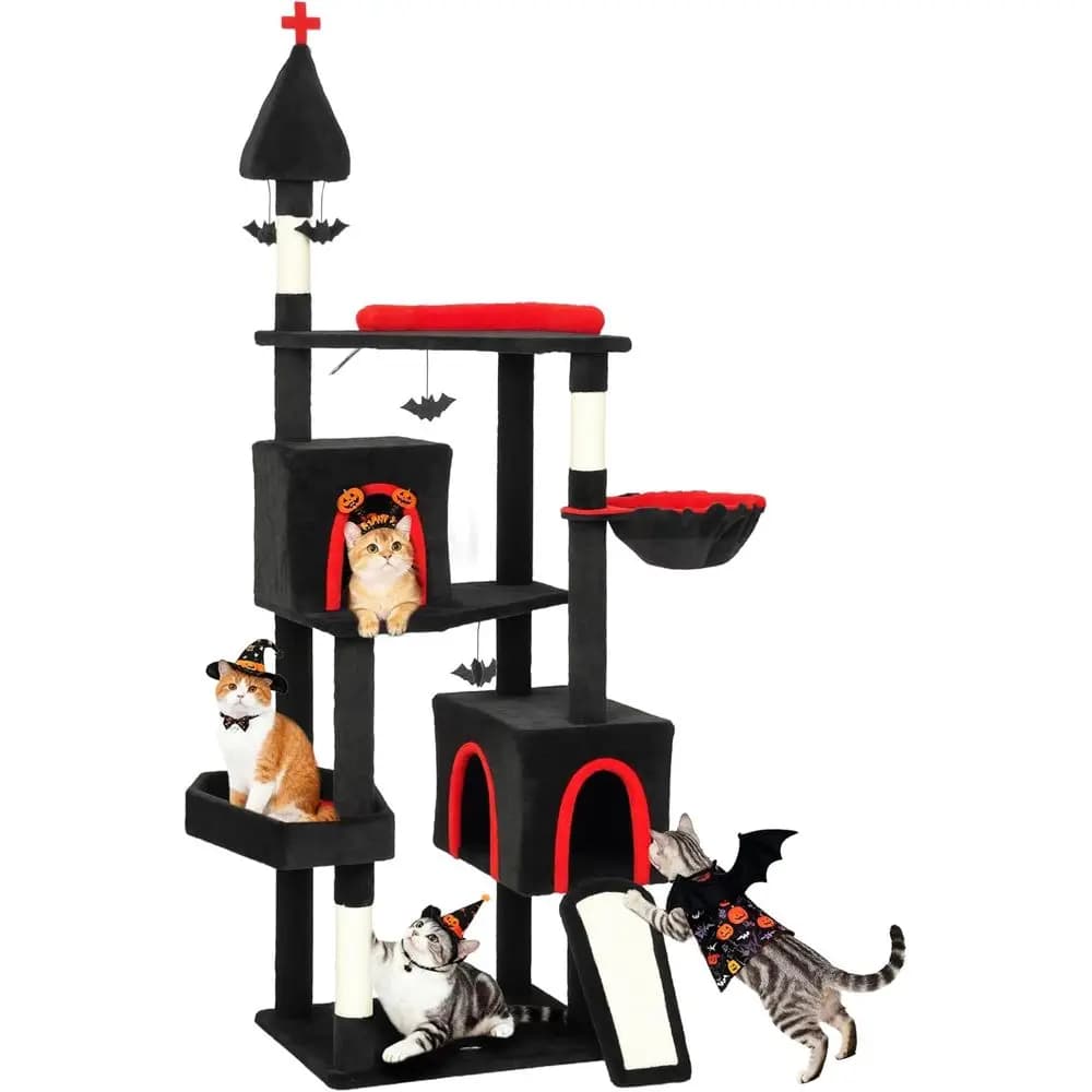 Torre per Gatti Alta 78 Pollici con 2 Cucce, Pali in Sisal, Palline Appese, Amaca, Letto, Tema Halloween Nero e Rosso