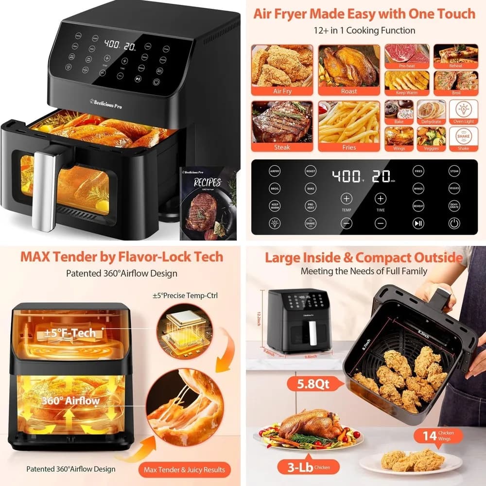 Beelicious 12-in-1 Large Digital Air Fryer 5.8Qt with Window, 40+ Recipes, Flavor-Lock Tech, Shake Reminder, Dishwasher