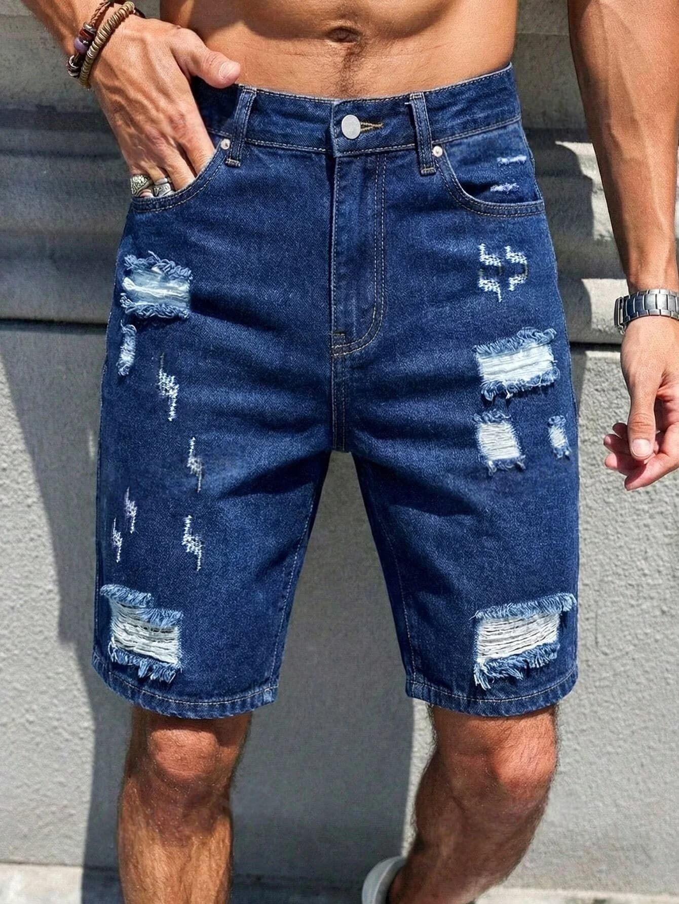 Pantaloncini in denim da uomo blu scuro vintage effetto invecchiato a gamba dritta a cinque tasche