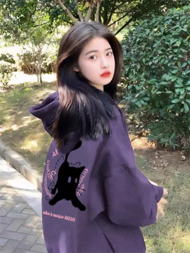 Felpa con Cappuccio Oversize da Donna, Foderata in Pile, Viola, Nuova Collezione Primavera Autunno, Stile Casual e Rilassato, Top Streetwear di Tendenza, Originale Ame...