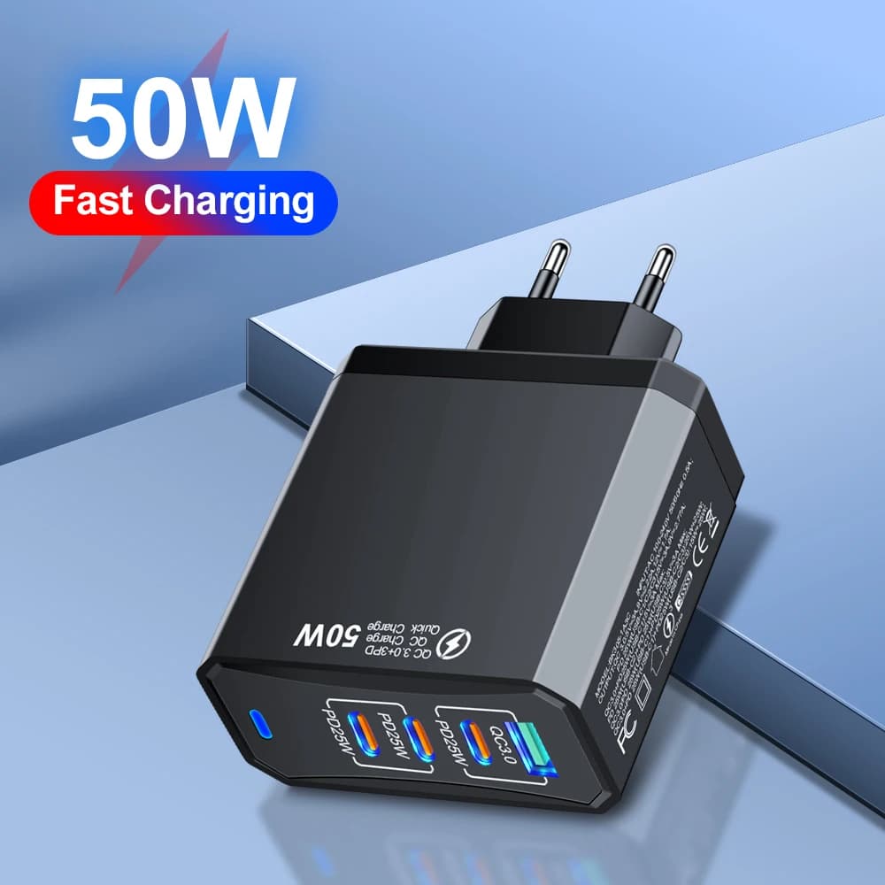 Caricatore USB C da 50W a 4 porte con Quick Charge 3.0 e PD, adattatore a ricarica rapida per iPhone, Xiaomi, Samsung, con spina EU/US/UK/KR, caricatore da parete.